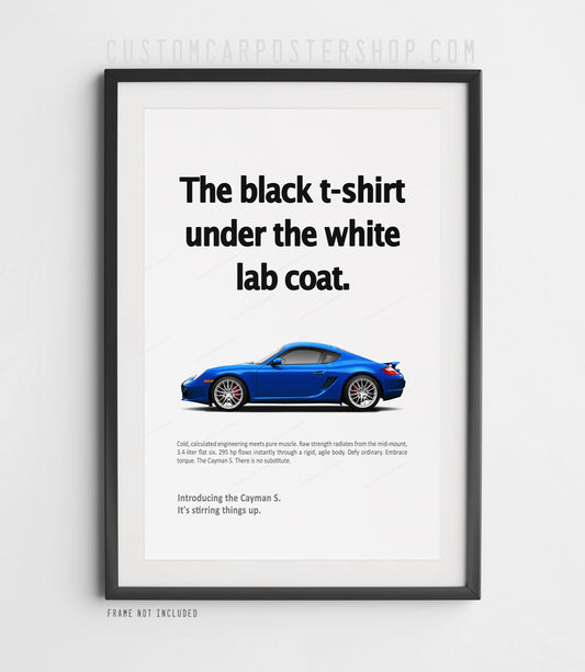 Porsche Cayman S 987.1 Retro Ad Poster – “Black T-Shirt Under White Lab Coat” Wall Art for Car Enthusiasts and Home Decor