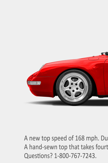 Close-up detail of the remastered Porsche 911 Carrera Cabriolet (993) “Try not to blink” print ad showing the red front end, Cup wheel and body copy.