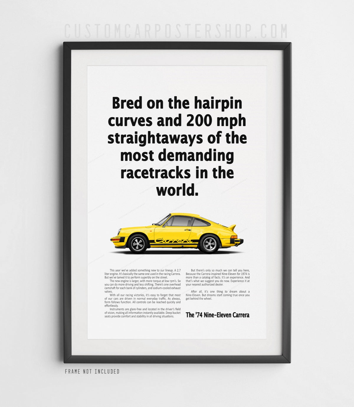 1974 Porsche 911 Carrera 2.7 shown in classic side profile beneath “Bred on the hairpin curves and 200 mph straightaways” on a vintage remastered Porsche print ad.