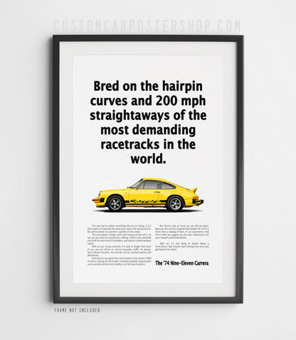 1974 Porsche 911 Carrera 2.7 shown in classic side profile beneath “Bred on the hairpin curves and 200 mph straightaways” on a vintage remastered Porsche print ad.