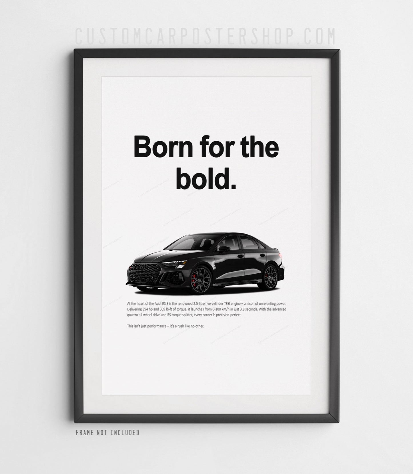 2025 Audi RS3 Sedan in black featured on a minimalist remastered print advertisement poster with “Born for the bold” headline.