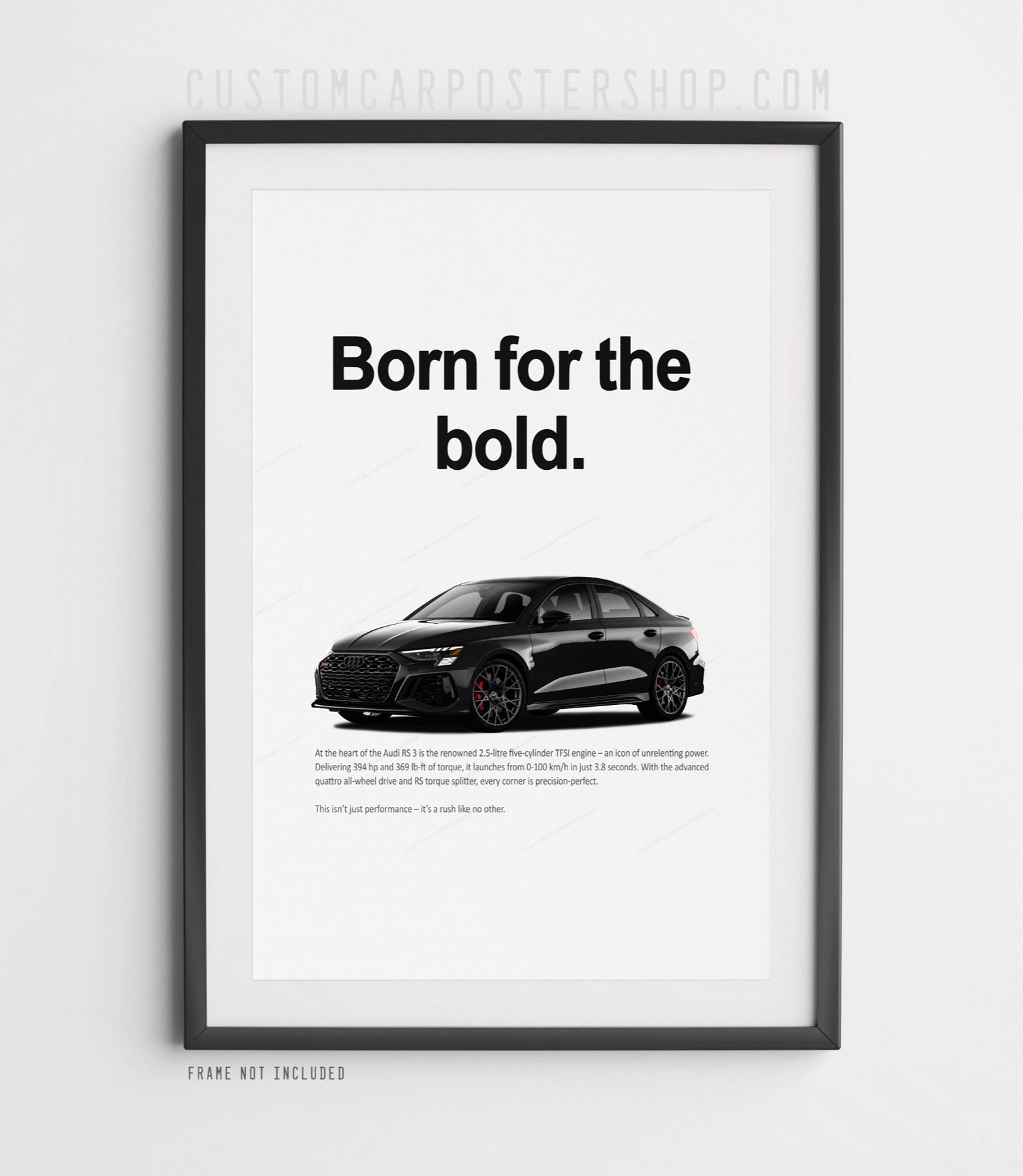 2025 Audi RS3 Sedan in black featured on a minimalist remastered print advertisement poster with “Born for the bold” headline.