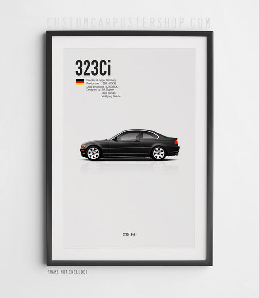 BMW 323Ci E46 black coupe poster featuring a side profile illustration with production and design details on a minimalist gray background.