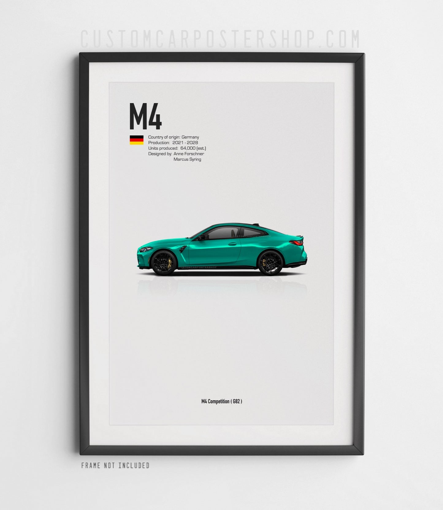 BMW M4 Competition G82 poster featuring a green coupe in side profile with minimalist technical specifications and German flag.