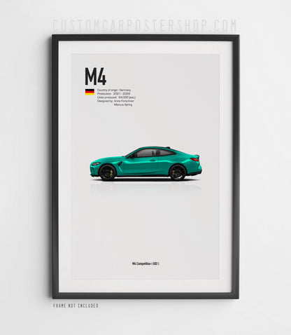 BMW M4 Competition G82 poster featuring a green coupe in side profile with minimalist technical specifications and German flag.