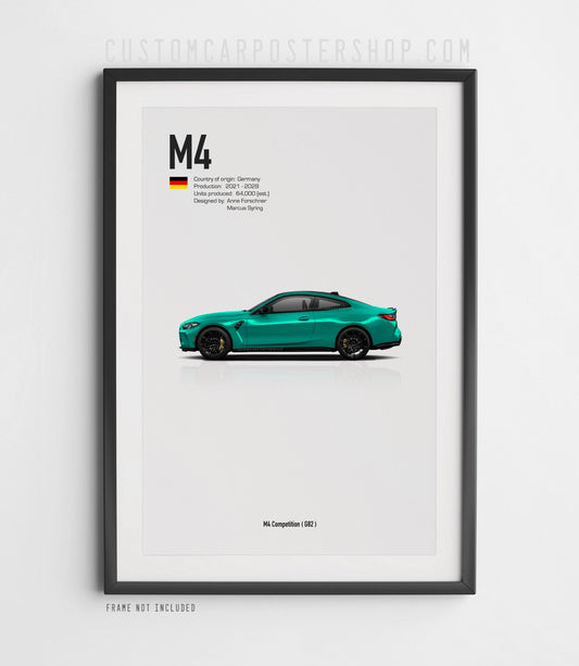 BMW M4 Competition G82 poster featuring a green coupe in side profile with minimalist technical specifications and German flag.