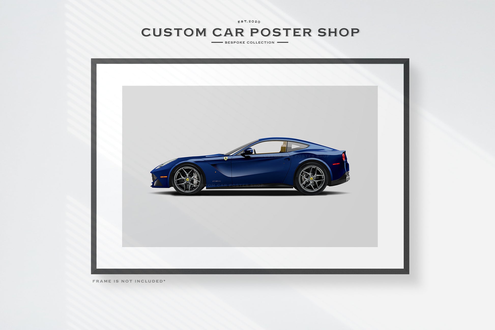 Bespoke framed Art print of the Ferrari F12berlinetta in Special ordered colour - Blu America.
