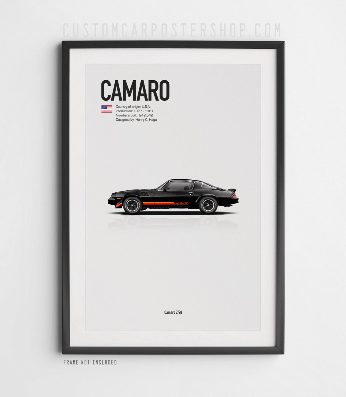 Chevrolet Camaro Z28 (1979) minimalist poster in Black, side-profile illustration with Z28 stripes, shown in a black frame mock-up.