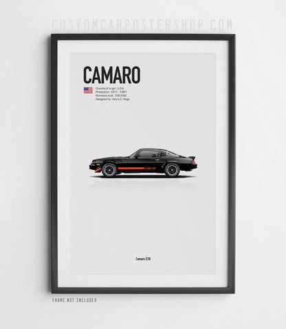Chevrolet Camaro Z28 (1979) minimalist poster in Black, side-profile illustration with Z28 stripes, shown in a black frame mock-up.