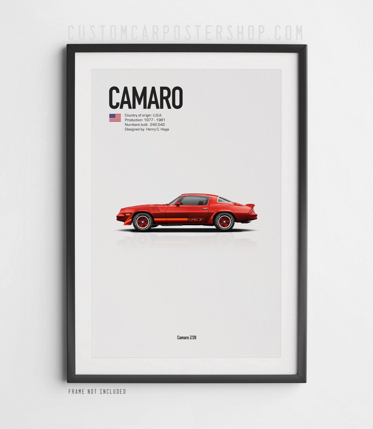 Chevrolet Camaro Z28 (1979) minimalist poster in Bronze, side-profile illustration with Z28 stripes, shown in a black frame mock-up.