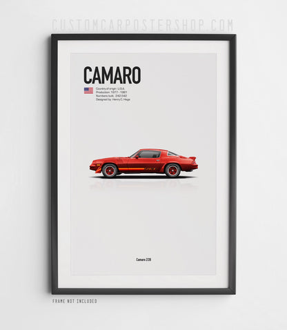 Chevrolet Camaro Z28 (1979) minimalist poster in Bronze, side-profile illustration with Z28 stripes, shown in a black frame mock-up.