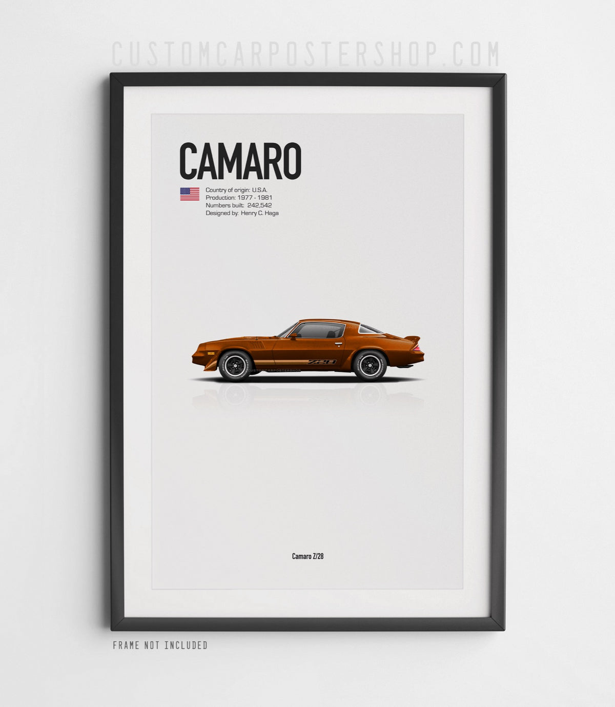 Chevrolet Camaro Z28 (1979) minimalist poster in Brown, side-profile illustration with Z28 stripes, shown in a black frame mock-up.