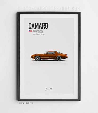 Chevrolet Camaro Z28 (1979) minimalist poster in Brown, side-profile illustration with Z28 stripes, shown in a black frame mock-up.