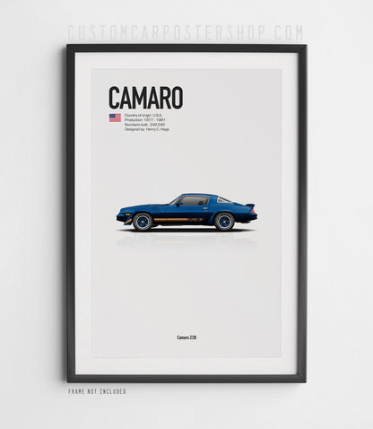 Chevrolet Camaro Z28 (1979) minimalist poster in Dark Blue, side-profile illustration with Z28 stripes, shown in a black frame mock-up.