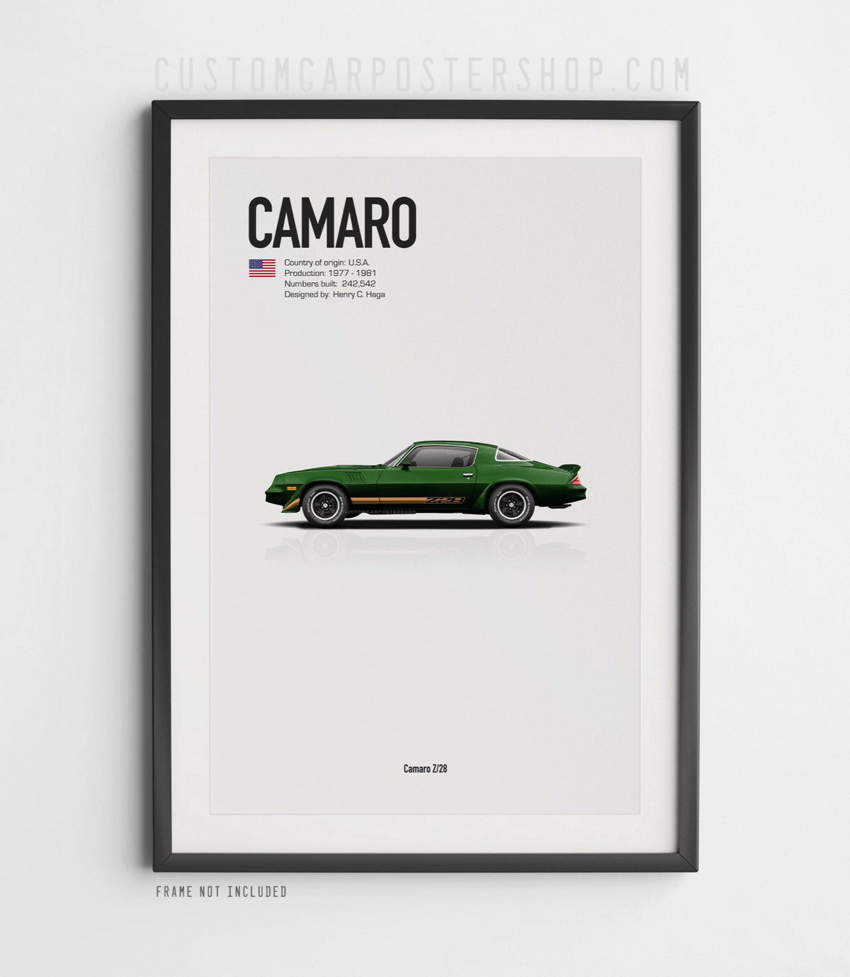 Chevrolet Camaro Z28 (1979) minimalist poster in Dark Green, side-profile illustration with Z28 stripes, shown in a black frame mock-up.