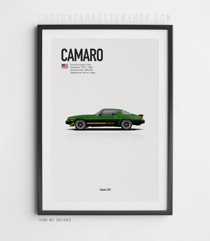 Chevrolet Camaro Z28 (1979) minimalist poster in Dark Green, side-profile illustration with Z28 stripes, shown in a black frame mock-up.