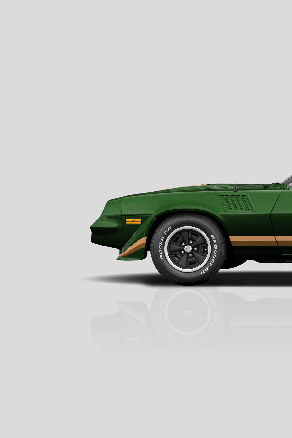 Close-up detail of the Chevrolet Camaro Z28 (1979) minimalist poster in Dark Green, showing the front end with air dam, amber marker light, fender louvers, gold lower stripes and a BFGoodrich Radial T/A tyre on a black wheel.