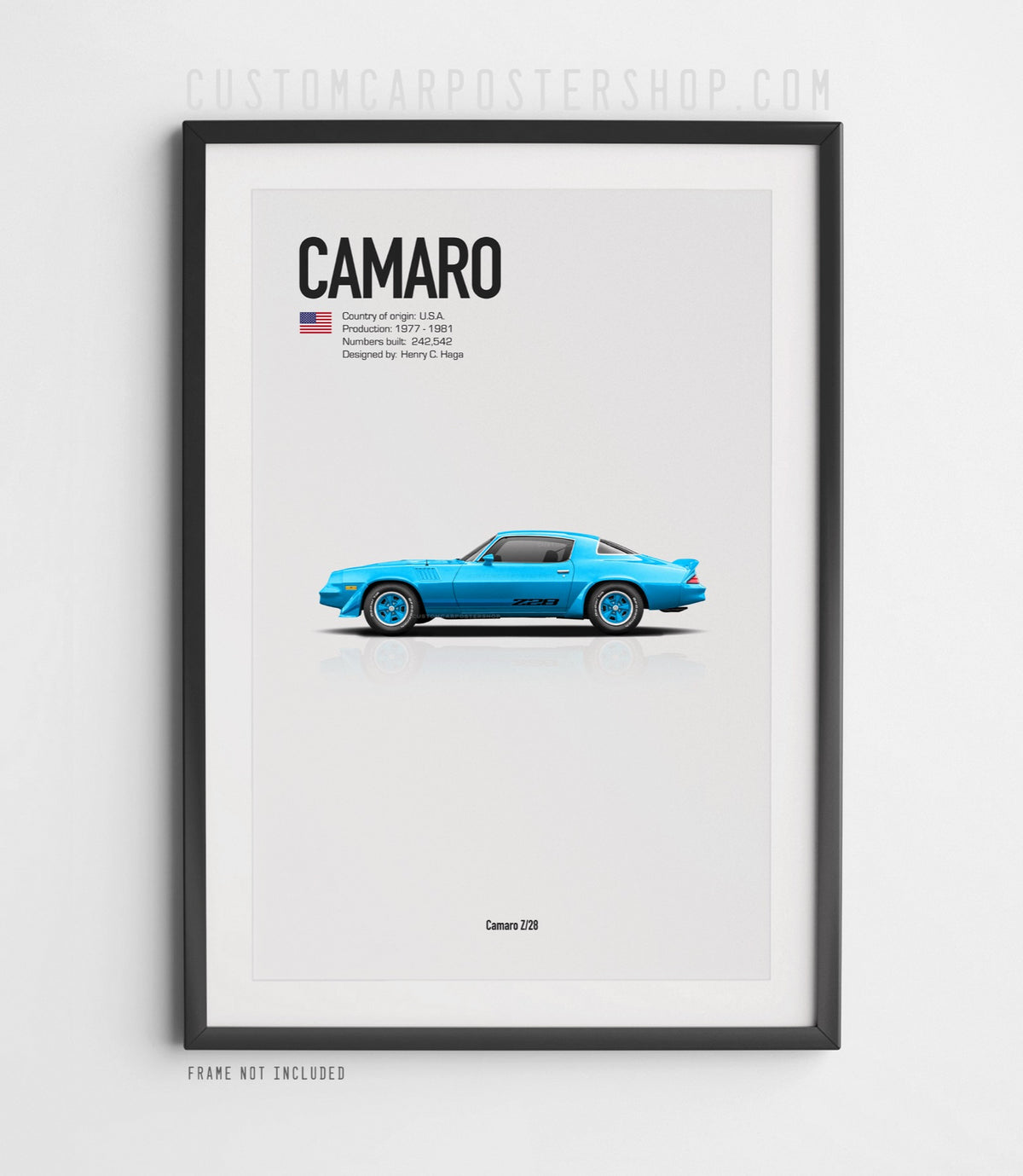 Chevrolet Camaro Z28 (1979) minimalist poster in Light Blue, side-profile illustration with Z28 stripes, shown in a black frame mock-up.