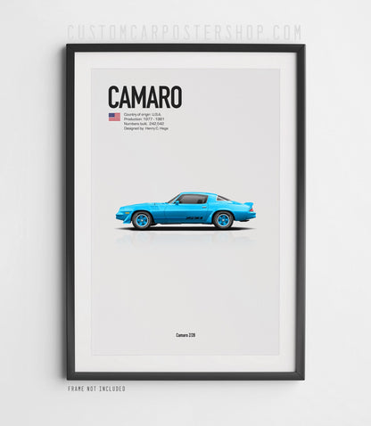 Chevrolet Camaro Z28 (1979) minimalist poster in Light Blue, side-profile illustration with Z28 stripes, shown in a black frame mock-up.