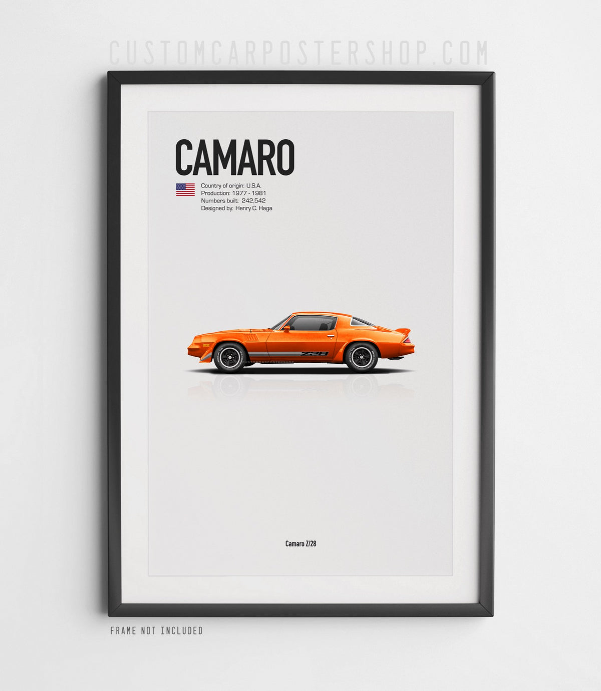 Chevrolet Camaro Z28 (1979) minimalist poster in Orange, side-profile illustration with Z28 stripes, shown in a black frame mock-up.