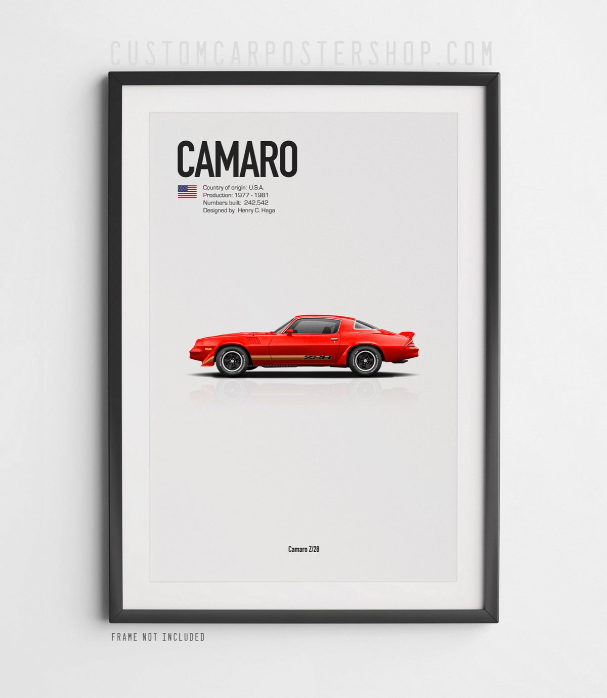 Chevrolet Camaro Z28 (1979) minimalist poster in Red, side-profile illustration with Z28 stripes, shown in a black frame mock-up.