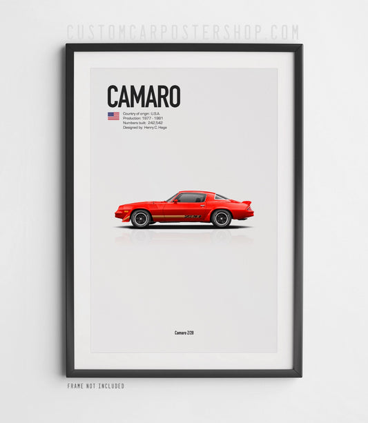 Chevrolet Camaro Z28 (1979) minimalist poster in Red, side-profile illustration with Z28 stripes, shown in a black frame mock-up.