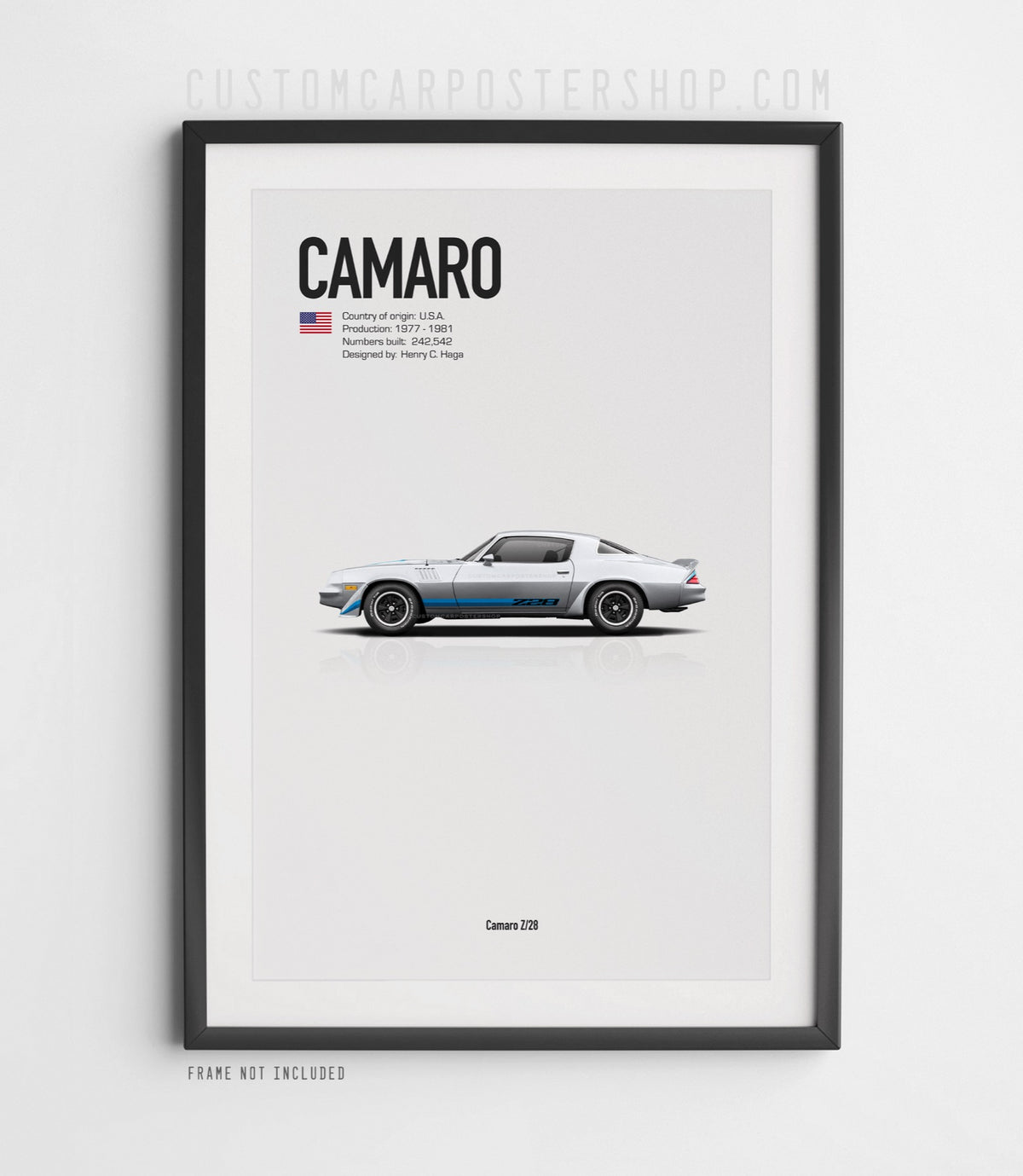 Chevrolet Camaro Z28 (1979) minimalist poster in Silver, side-profile illustration with Z28 stripes, shown in a black frame mock-up.