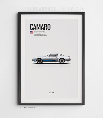 Chevrolet Camaro Z28 (1979) minimalist poster in Silver, side-profile illustration with Z28 stripes, shown in a black frame mock-up.