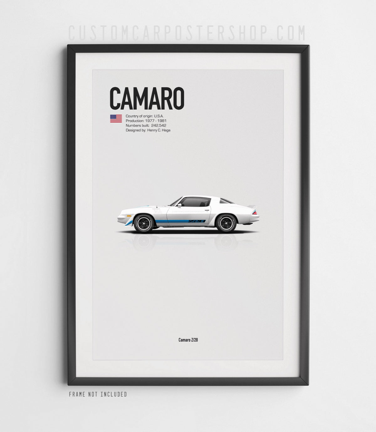 Chevrolet Camaro Z28 (1979) minimalist poster in White, side-profile illustration with Z28 stripes, shown in a black frame mock-up.