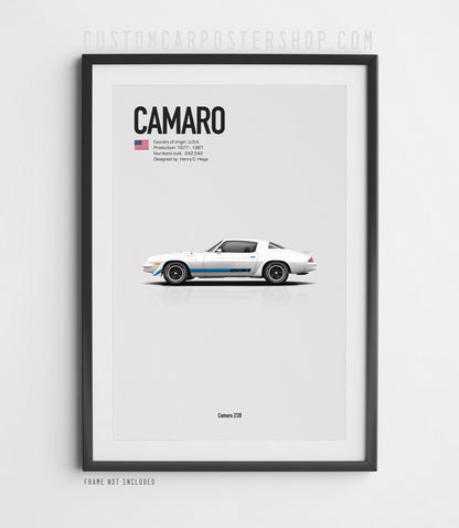 Chevrolet Camaro Z28 (1979) minimalist poster in White, side-profile illustration with Z28 stripes, shown in a black frame mock-up.
