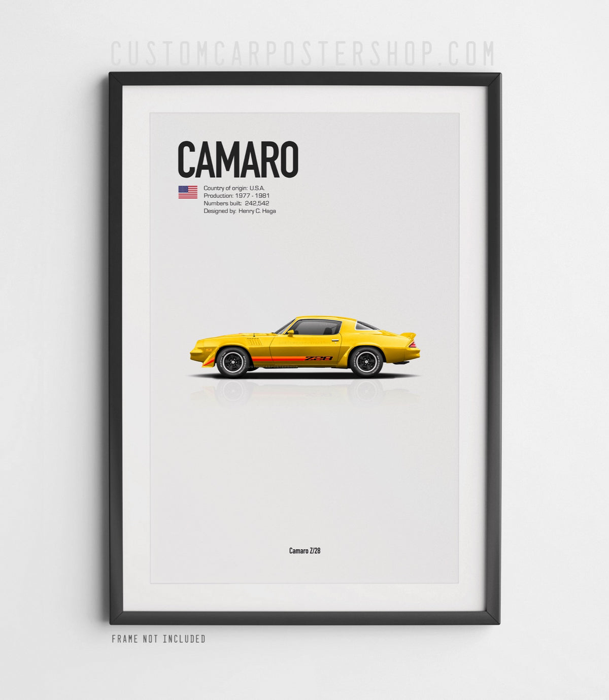 Chevrolet Camaro Z28 (1979) minimalist poster in Yellow, side-profile illustration with Z28 stripes, shown in a black frame mock-up.