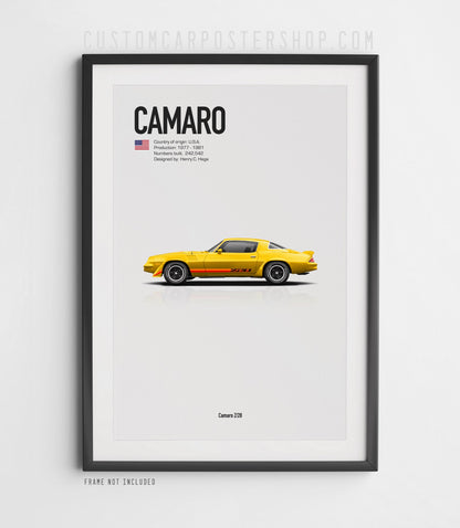 Chevrolet Camaro Z28 (1979) minimalist poster in Yellow, side-profile illustration with Z28 stripes, shown in a black frame mock-up.