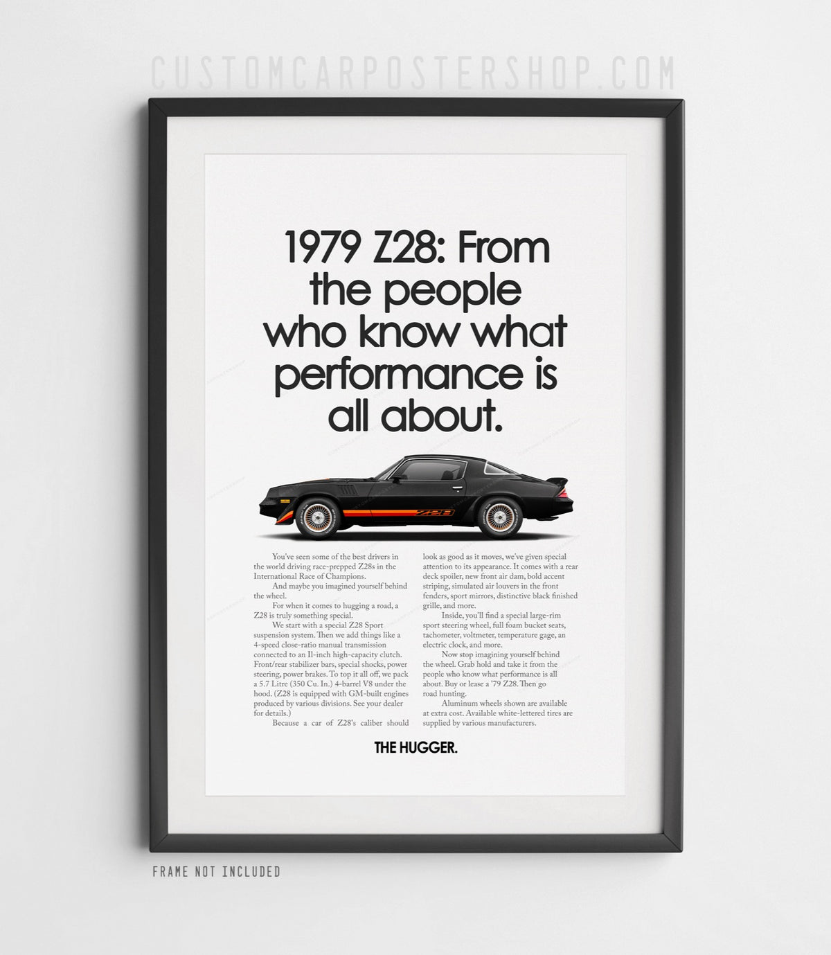 Chevrolet Camaro Z28 (1979) remastered print ad “From People Who Know” in Black, side-profile illustration, shown in a black frame mock-up.