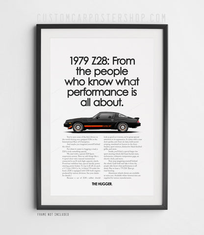 Chevrolet Camaro Z28 (1979) remastered print ad “From People Who Know” in Black, side-profile illustration, shown in a black frame mock-up.