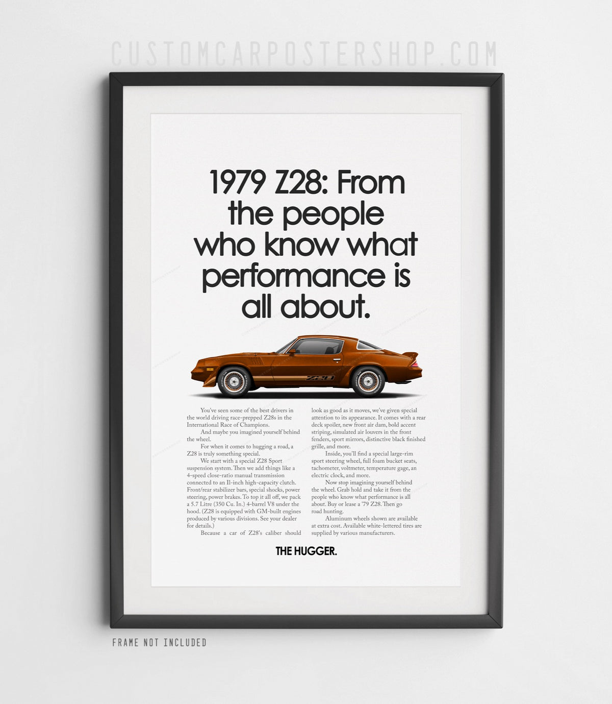 Chevrolet Camaro Z28 (1979) remastered print ad “From People Who Know” in Brown, side-profile illustration, shown in a black frame mock-up.