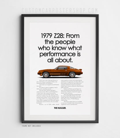 Chevrolet Camaro Z28 (1979) remastered print ad “From People Who Know” in Brown, side-profile illustration, shown in a black frame mock-up.