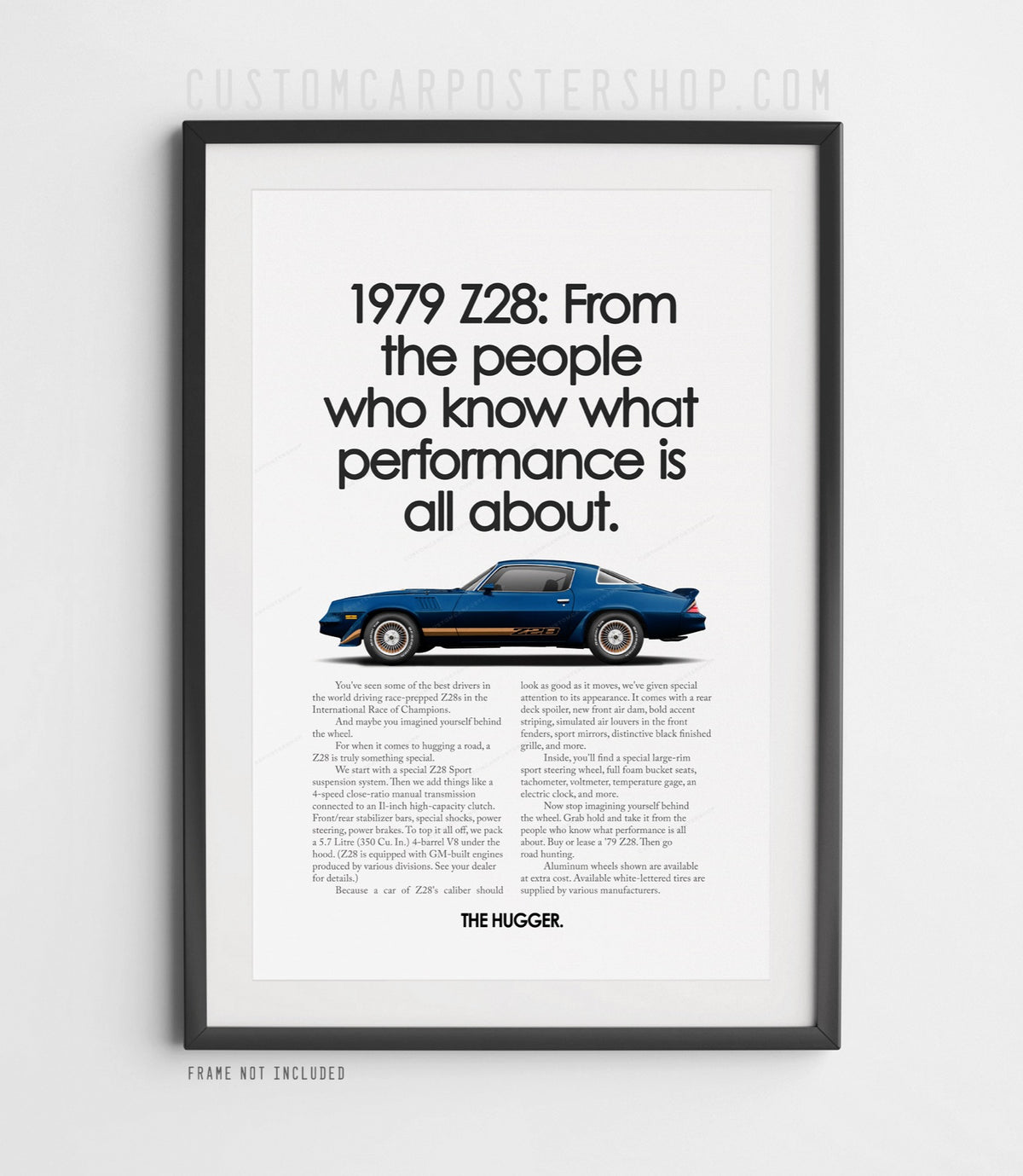 Chevrolet Camaro Z28 (1979) remastered print ad “From People Who Know” in Dark Blue, side-profile illustration, shown in a black frame mock-up.