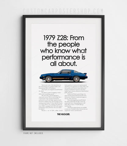 Chevrolet Camaro Z28 (1979) remastered print ad “From People Who Know” in Dark Blue, side-profile illustration, shown in a black frame mock-up.