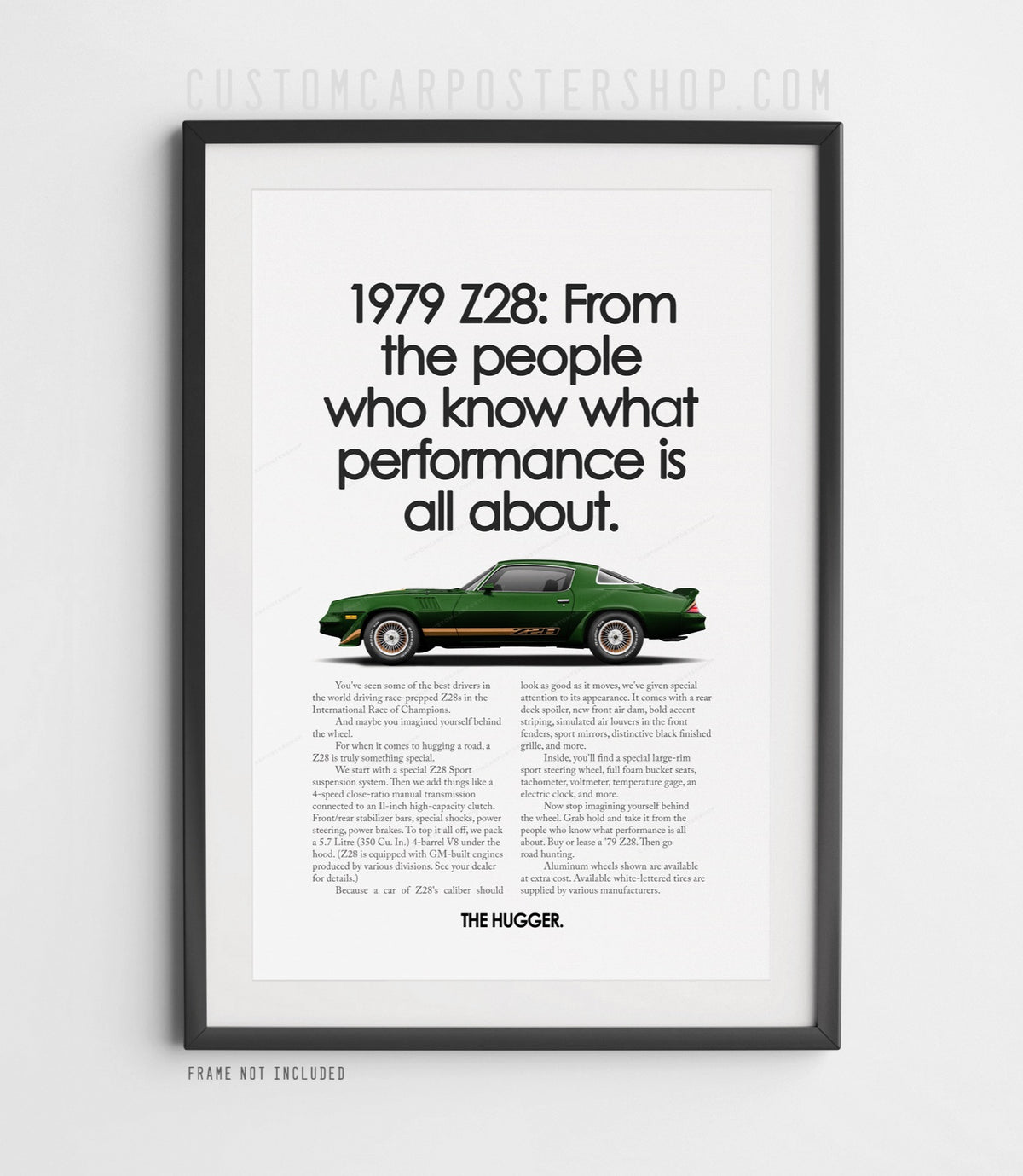 Chevrolet Camaro Z28 (1979) remastered print ad “From People Who Know” in Dark Green, side-profile illustration, shown in a black frame mock-up.