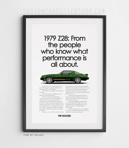 Chevrolet Camaro Z28 (1979) remastered print ad “From People Who Know” in Dark Green, side-profile illustration, shown in a black frame mock-up.
