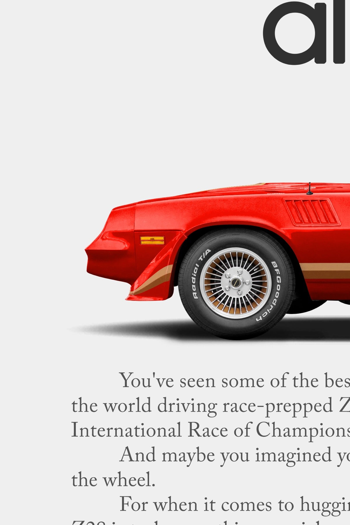 Close-up detail of the Chevrolet Camaro Z28 (1979) remastered print ad “From People Who Know” in Red, showing the front end with air dam, amber marker light, fender louvers, gold accent stripe, a BFGoodrich Radial T/A tyre on a turbine-style wheel and the opening lines of the original ad copy.