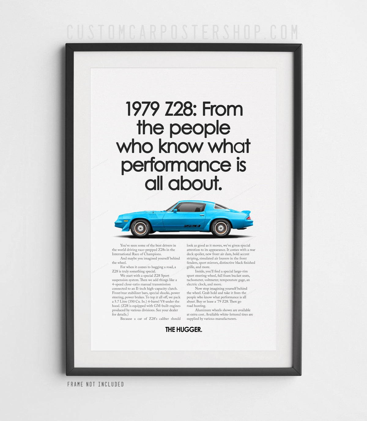 Chevrolet Camaro Z28 (1979) remastered print ad “From People Who Know” in Light Blue, side-profile illustration, shown in a black frame mock-up.
