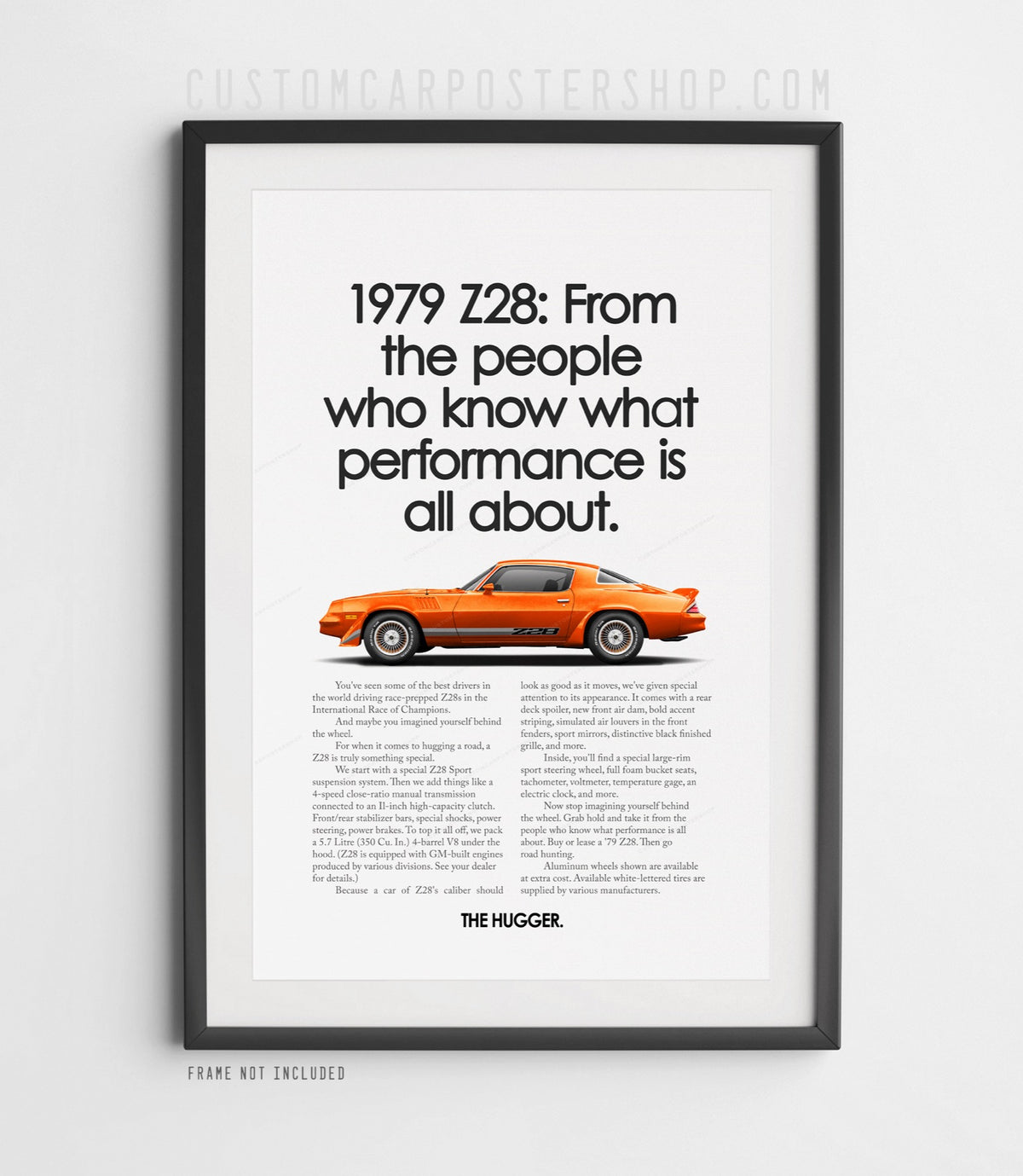 Chevrolet Camaro Z28 (1979) remastered print ad “From People Who Know” in Orange, side-profile illustration, shown in a black frame mock-up.