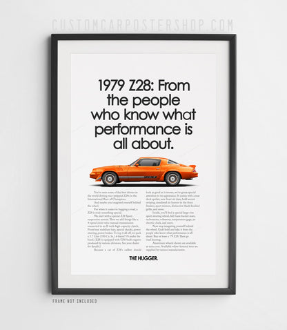 Chevrolet Camaro Z28 (1979) remastered print ad “From People Who Know” in Orange, side-profile illustration, shown in a black frame mock-up.