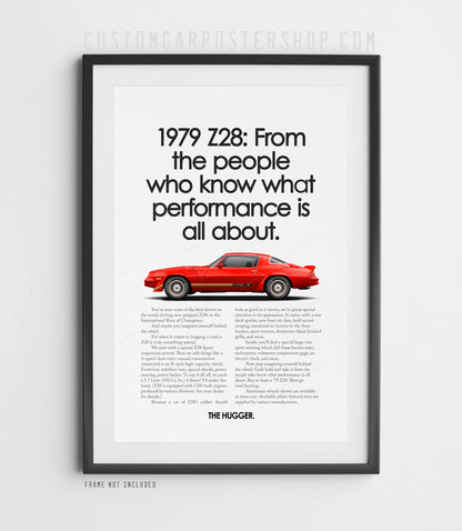 Chevrolet Camaro Z28 (1979) remastered print ad “From People Who Know” in Red, side-profile illustration, shown in a black frame mock-up.