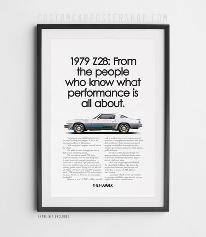 Chevrolet Camaro Z28 (1979) remastered print ad “From People Who Know” in Silver, side-profile illustration, shown in a black frame mock-up.