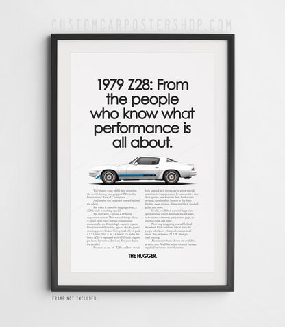 Chevrolet Camaro Z28 (1979) remastered print ad “From People Who Know” in White, side-profile illustration, shown in a black frame mock-up.