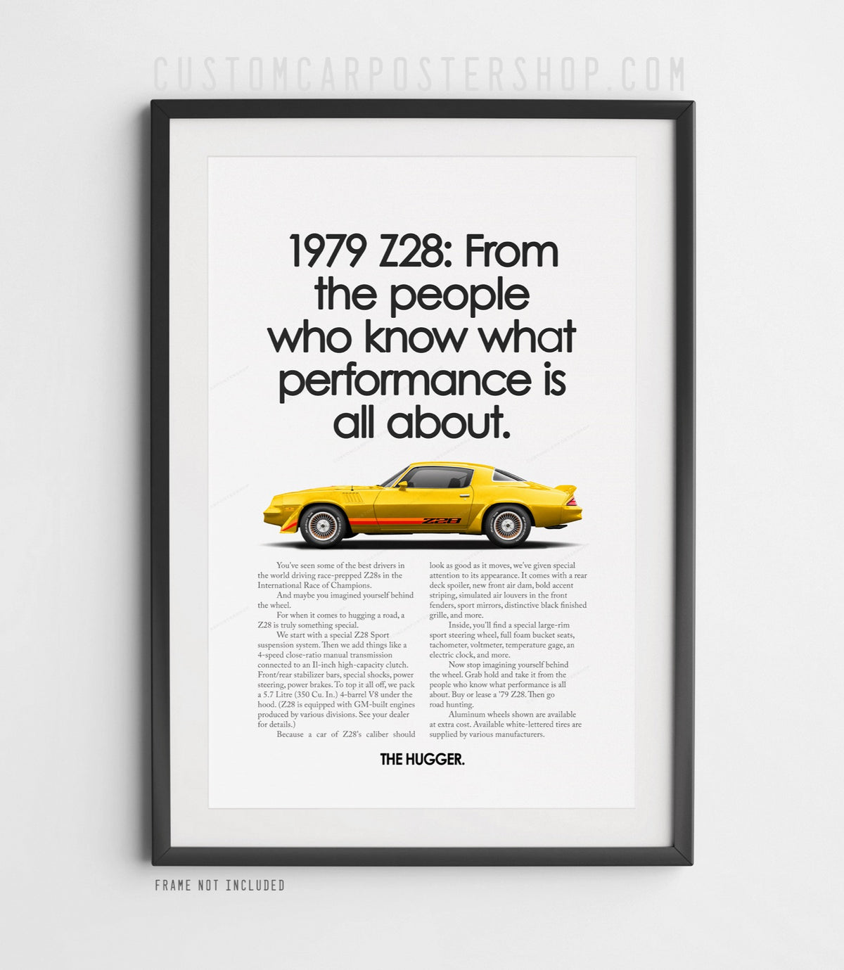 Chevrolet Camaro Z28 (1979) remastered print ad “From People Who Know” in Yellow, side-profile illustration, shown in a black frame mock-up.