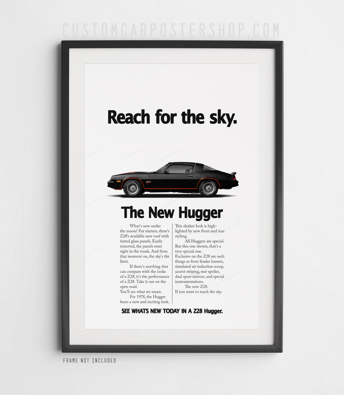 Chevrolet Camaro Z28 (1979) remastered print ad “Reach for the Sky” in Black, side-profile illustration, shown in a black frame mock-up.