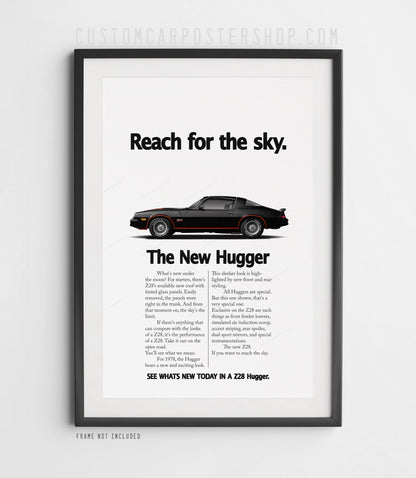 Chevrolet Camaro Z28 (1979) remastered print ad “Reach for the Sky” in Black, side-profile illustration, shown in a black frame mock-up.